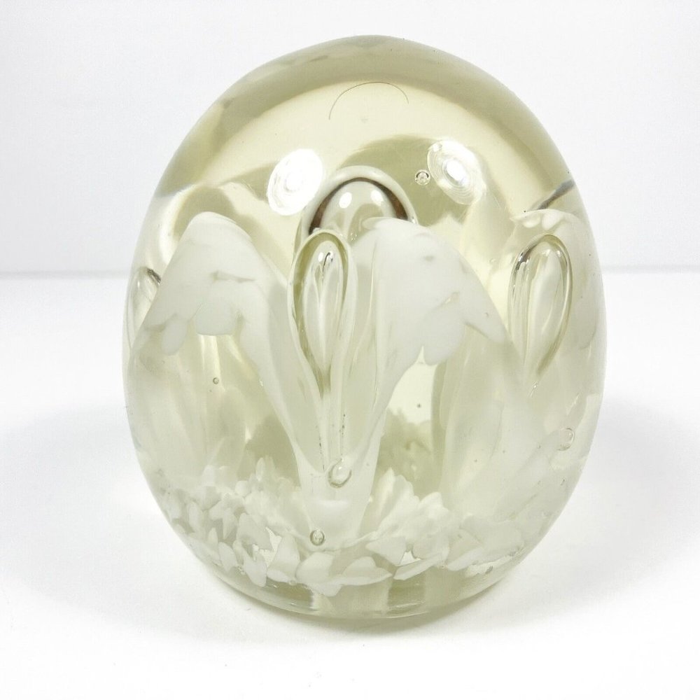 Vintage Hand-Blown Clear Glass Art White Flower Design  3” 1.4 LB Paperweight ￼